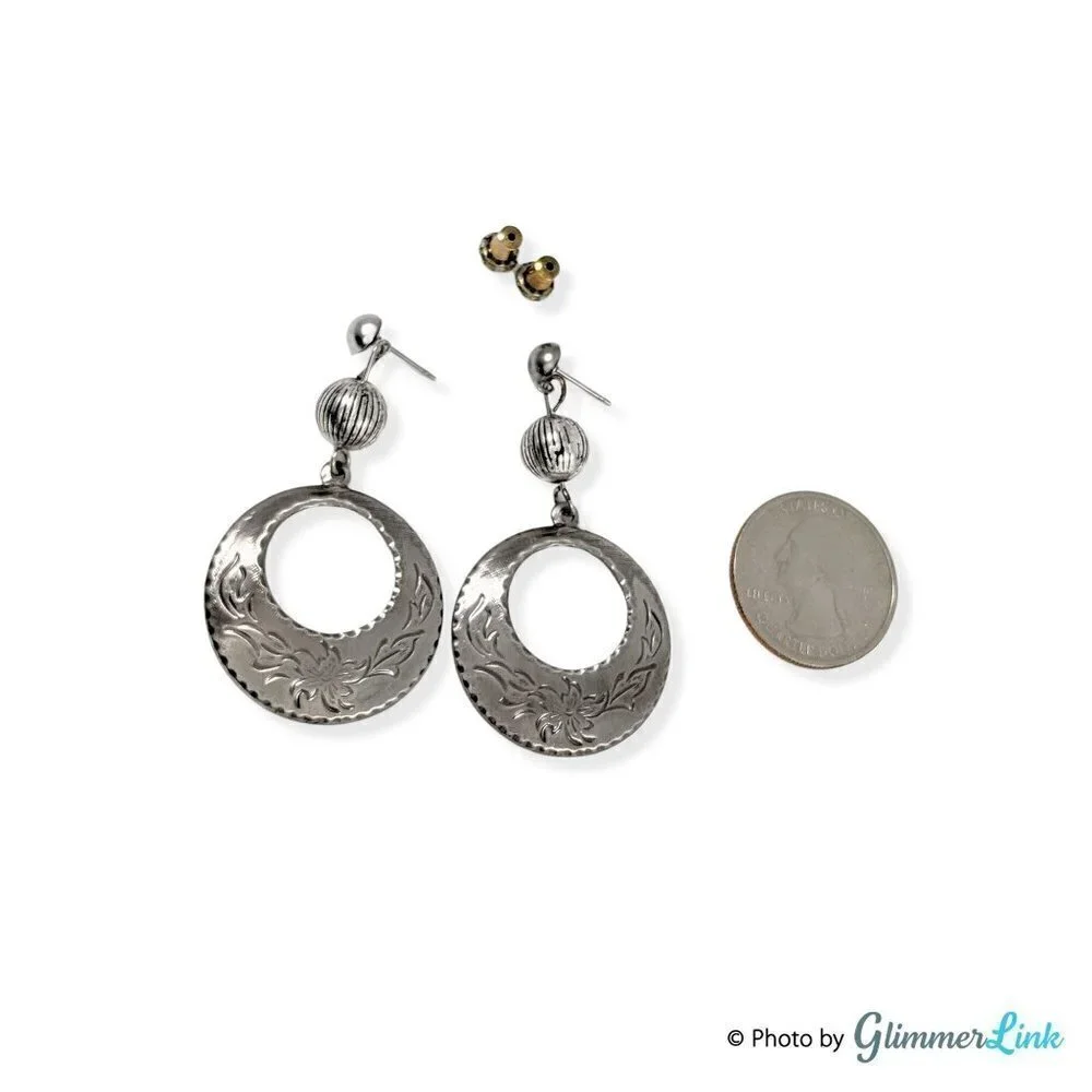Vintage Dama Silver Tone Tiered Hoop Floral Etched Dangle Earrings